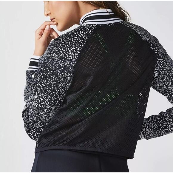 Fabletics Black Splatter Tia Mesh Varsity Preppy Athletic Bomber Jacket L - Picture 2 of 8